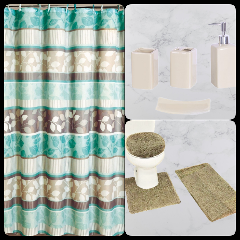 NEW 20PC MATCHING BATHROOM SHOWER CURTAIN MAT SET WITH CERAMIC ACCESORIES eBay