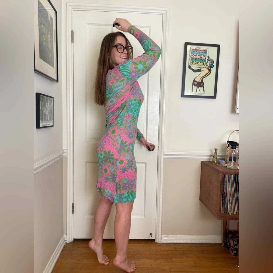 Vestido Vintage Años 60 Diane Von Furstenberg Elástico Seda Gato Grande Estampado Novedad Foto 3 de 4