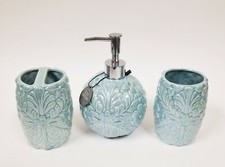 3 PC SET STYLE SANCTUARY TURQUOISE BLUE CERAMIC,3D SPHERE SOAP DISPENSER+TUMBLER