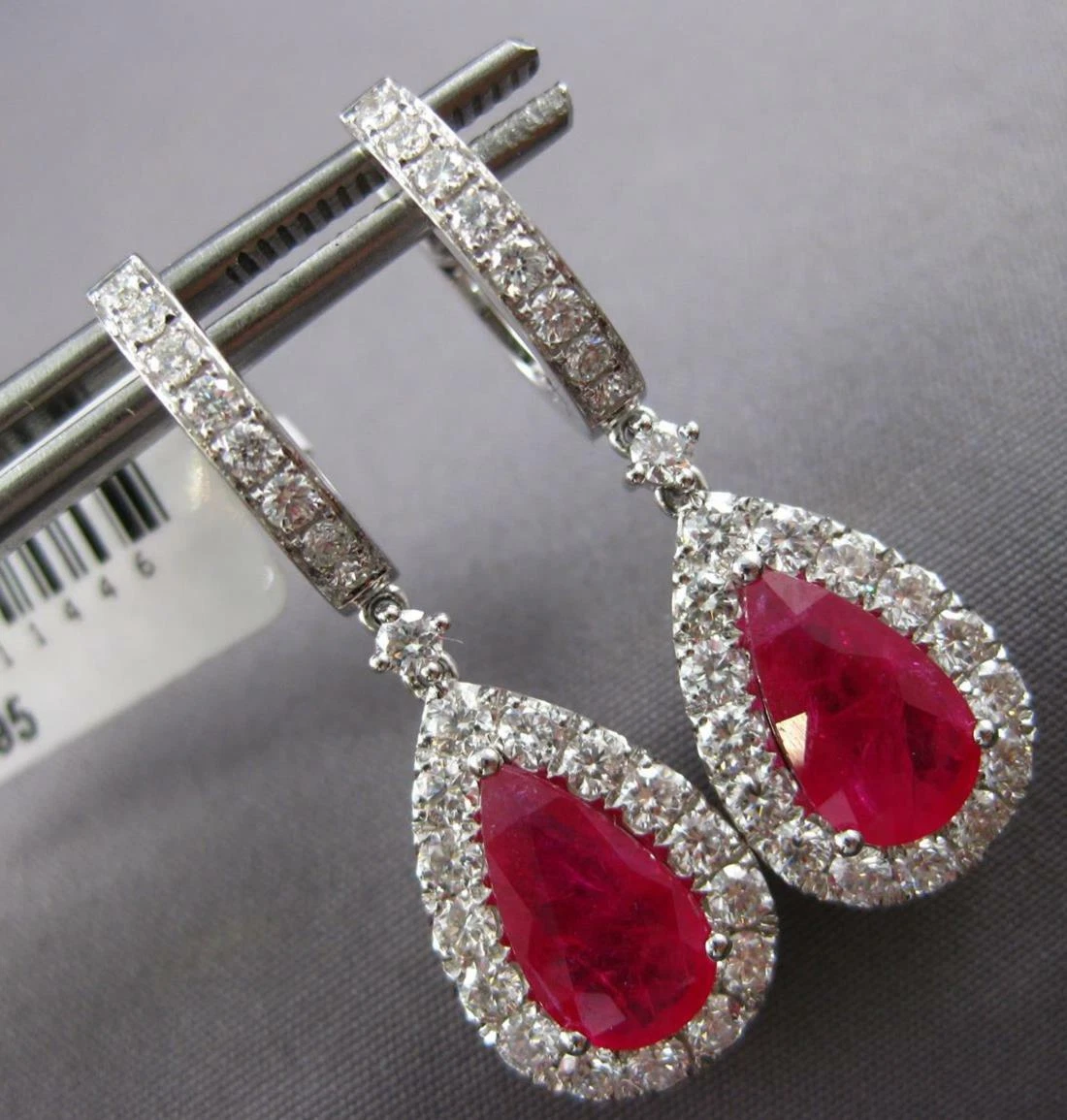 LARGE 5.46CT DIAMOND AAA RUBY 14KT WHITE GOLD PEAR SHAPE HUGGIE