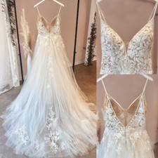 Spaghetti Straps Vintage Lace Wedding Dress Zip V Neck Bridal Gowns Tulle Beach