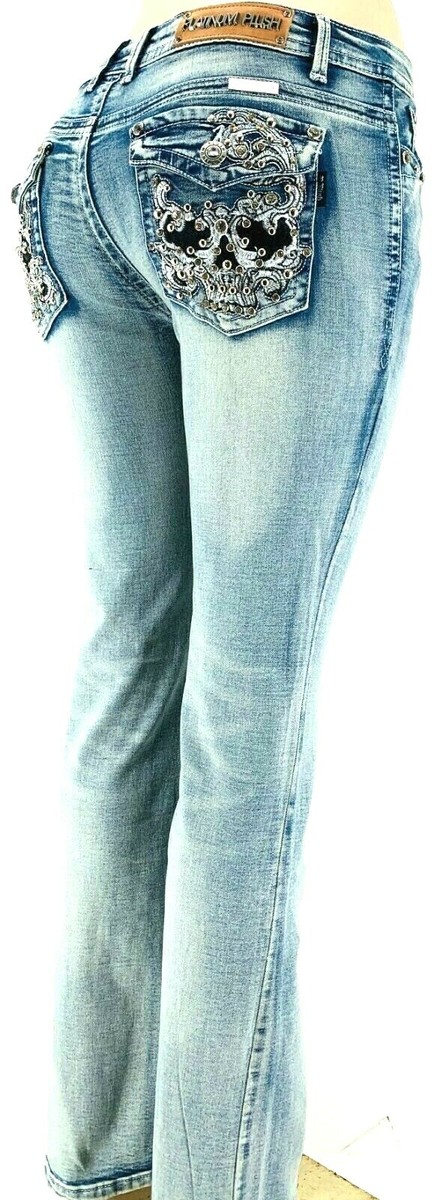 PLATINUM PLUSH LADIES BADASS SKULL RHINESTONE DENIM BOOT CUT
