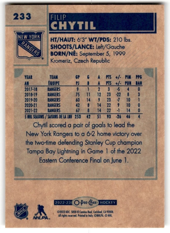 2022-23 O-Pee-Chee Retro Filip Chytil #233 New York Rangers - Image 2 of 2