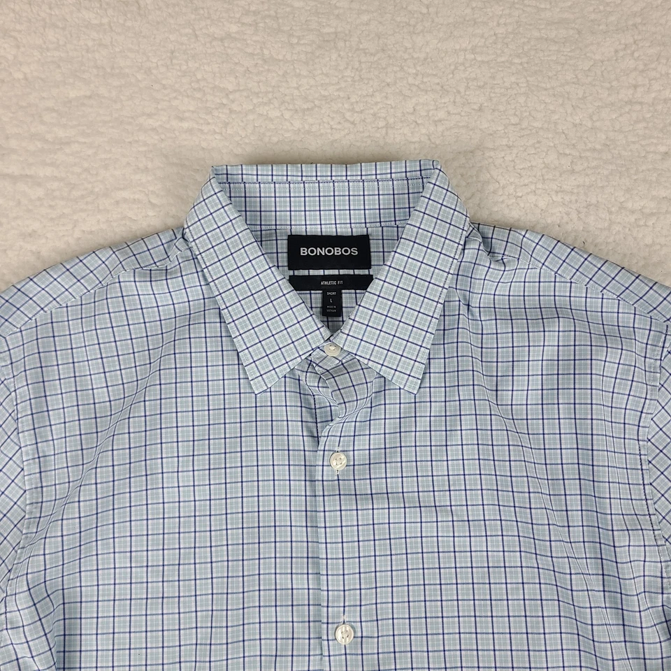Bonobos Shirt Mens Large Short Blue Plaid Athletic Fit Performance Button Up - Image 3 of 4