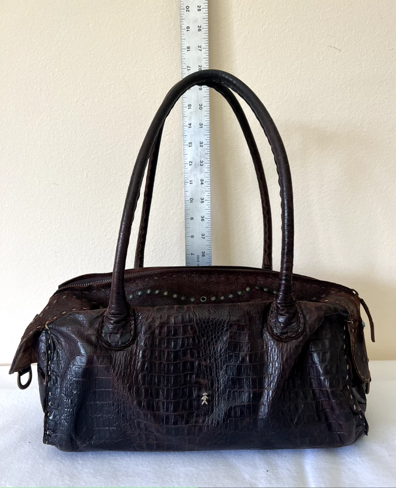 Bolso de cuero HENRY BEGUELIN marrón chocolate envejecido cocodrilo en relieve. Foto 2 de 4