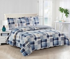 Blue Plaids and Stripes Patchwork, 3-Piece Quilt Set with 2 Shams, Reversible Be