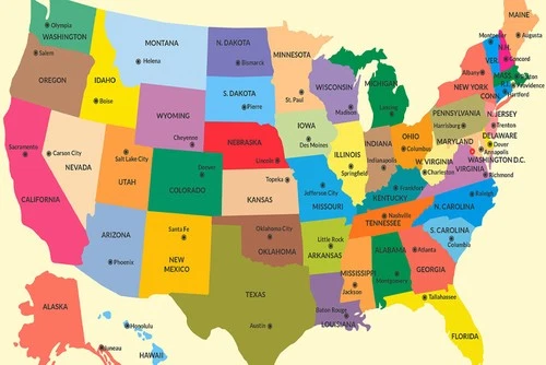 50 States and Capticals of United States Map of America Colorful Poster Map