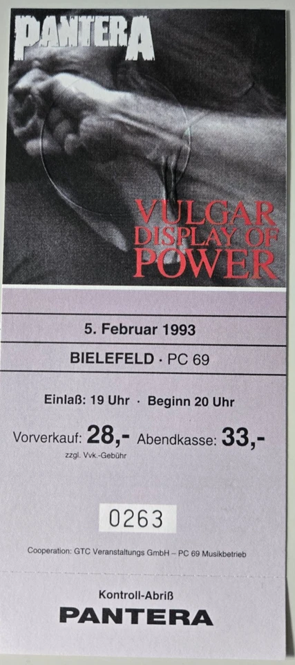 PANTERA Vulgar Display of Power altes Konzertticket 1993 PC69 wie neu