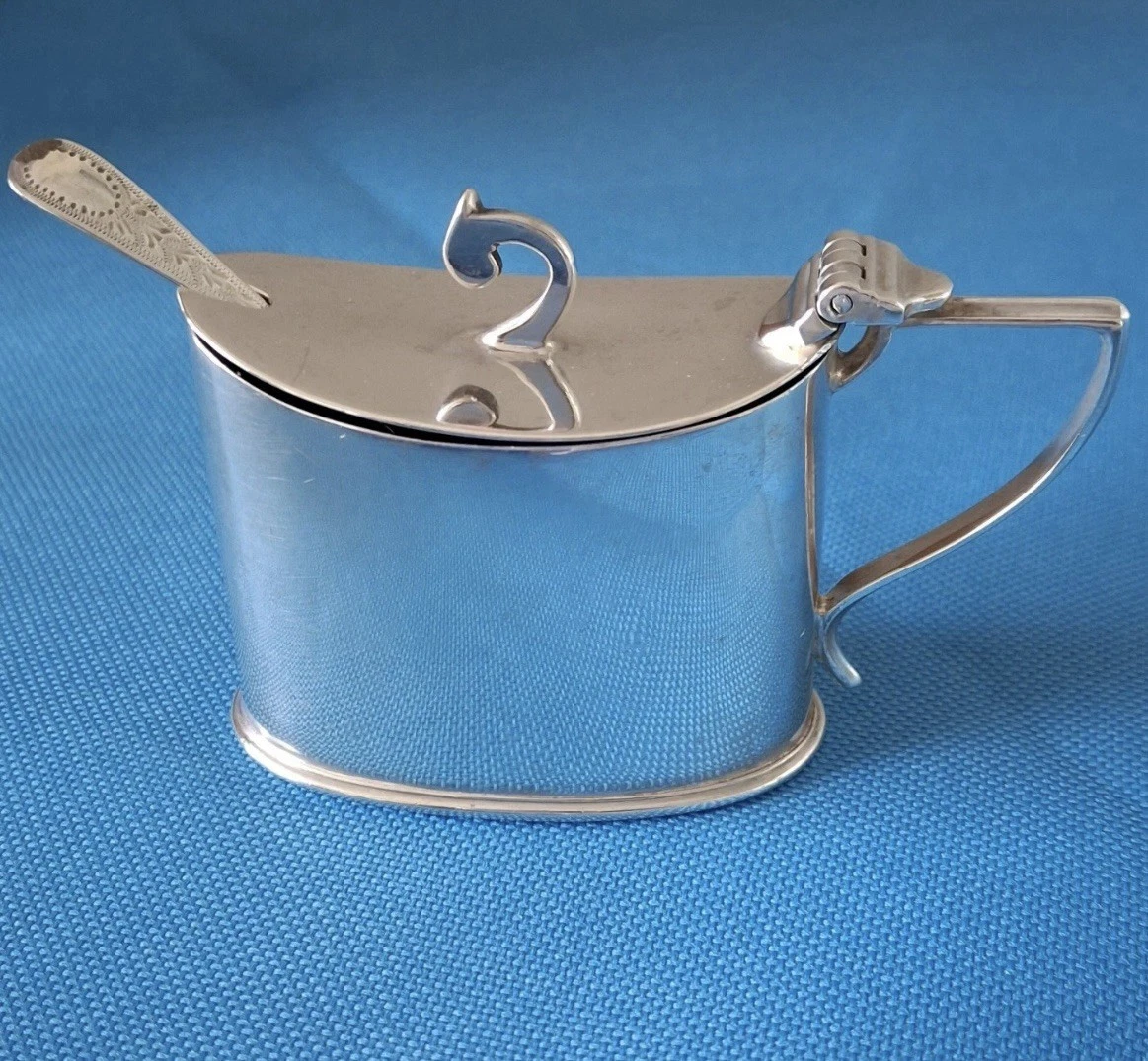 Sterling Silver Mustard Pot w Cobalt Liner & Spoon Sheffield 1894