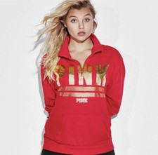 PINK Womens Red with Gold Accents Sweatshirt Sz S 1/4 Zip Pullover Long Sleeve