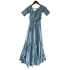 Mille Maxi Dress Resort & Travel XXS Blue Tiered Vertical Striped Cross Top