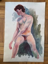 Contemporary Watercolor Painting Man Male Seated Peter Feldman 14x22 Gay Int