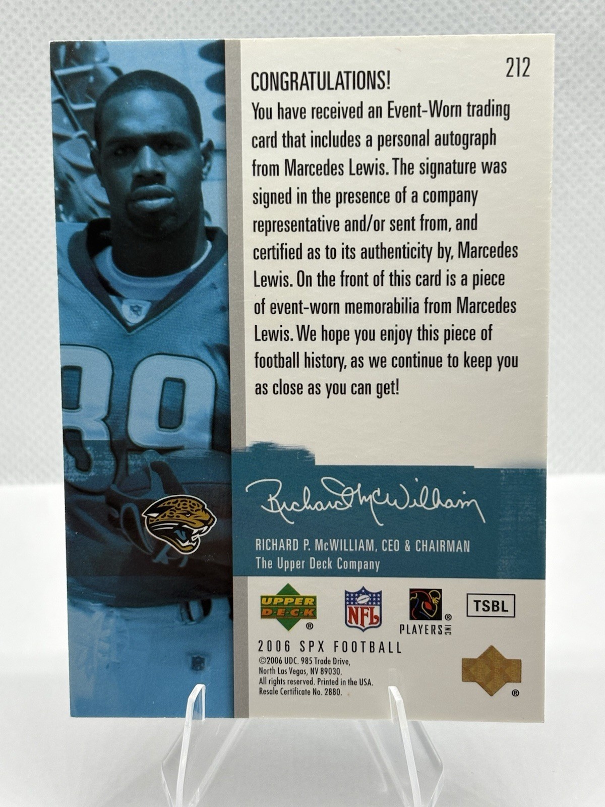 2006 SPX Auto Rookie Jersey Marcedes Lewis Game Worn Patch #'d /1650 Jaguars view 3