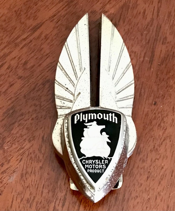 Original 1934-1936 Plymouth Enamel Radiator Emblem Chrome Wing Base + Hardware