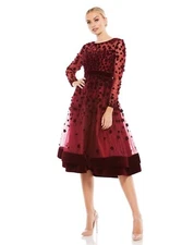 NWT MAC DUGGAL EMBELLISHED ILLUSION HIGH NECK FIT FLARE DRESS 4 BURGUNDY 67007