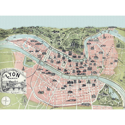 Lyon Stadt Denkmal Wahrzeichen Karte Frankreich 1894 großer Wandkunstdruck 18 x 24 Zoll