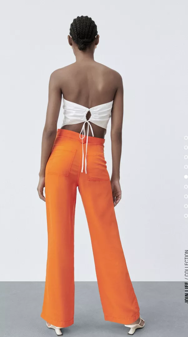 ZARA 2021 SS WIDE-LEG FULL-LENGTH Pants High Waist COLOURED Trousers Orange  M