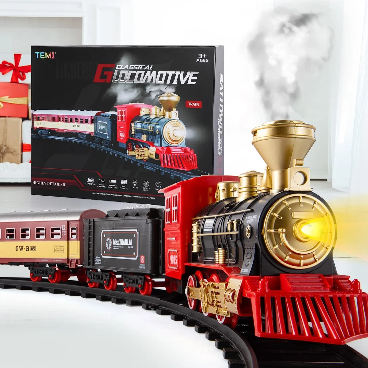 Train Set with Steam Locomotive Engine Cargo Car and Long Track Rechargeable
