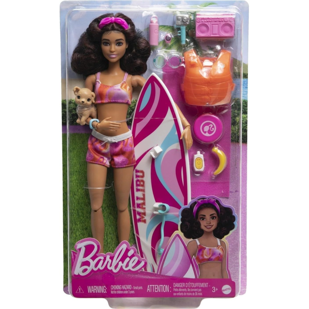 Barbie Beach Doll With Surfboard Posable Brunette with Surf Board and Puppy