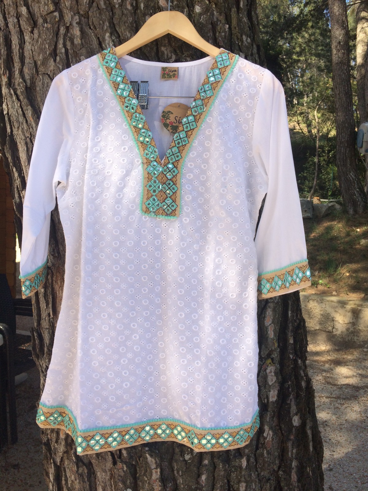 Bonita Túnica Top Escote Algodón 100% Indou Mujer Verano Blanco Y Verde Agua