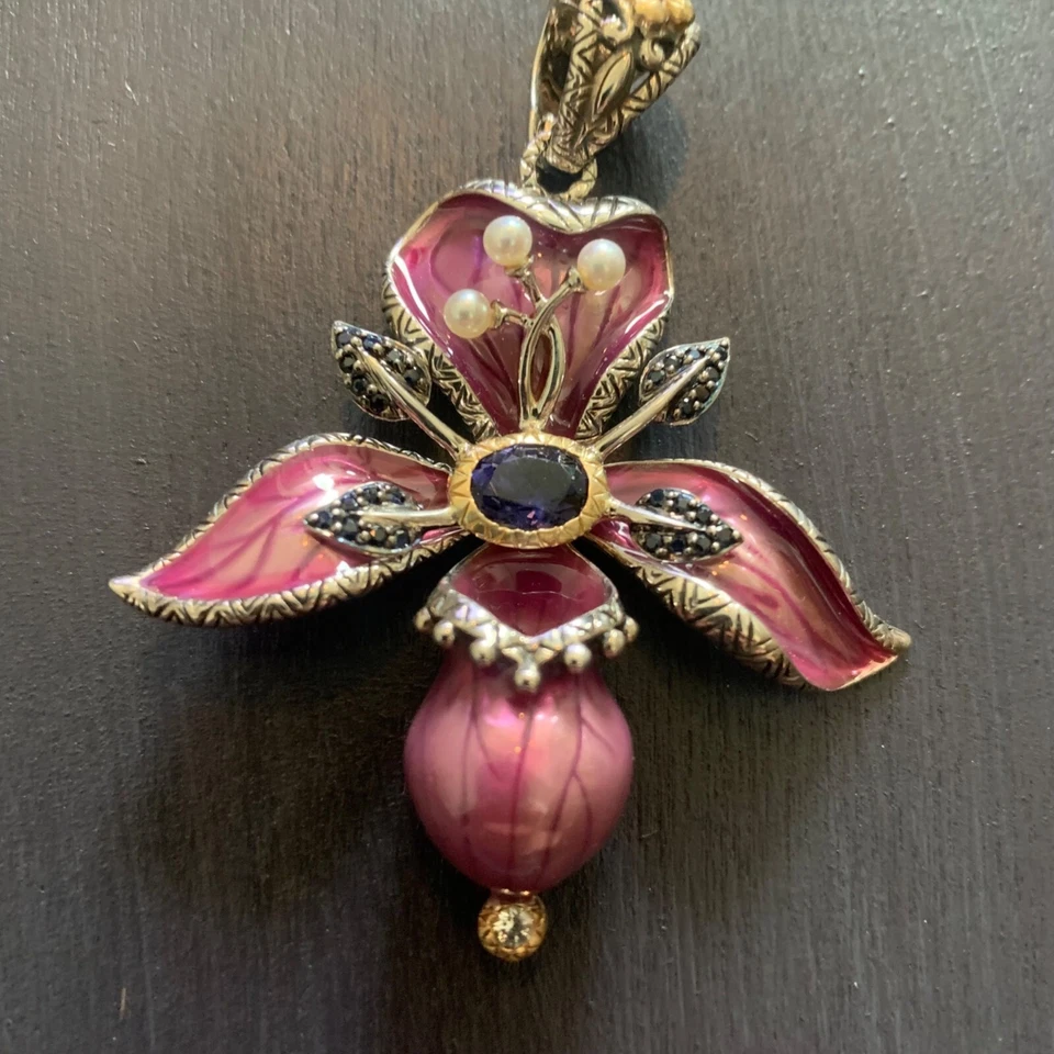 Colgante Barbara Bixby Plata Esterlina Oro 18K Flor Orquídea Esmalte Lolita Estat Foto 3 de 4