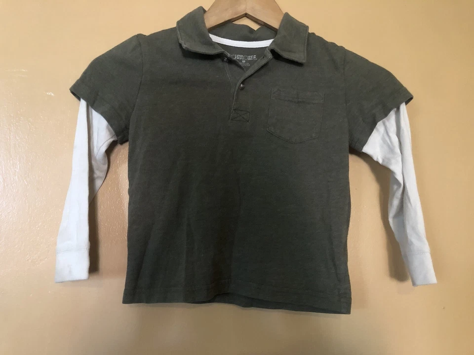 Cherokee Boy's Size 5T T-Shirt Polo Pull On Grey & Beige Long Sleeve Pocket - Image 2 of 4