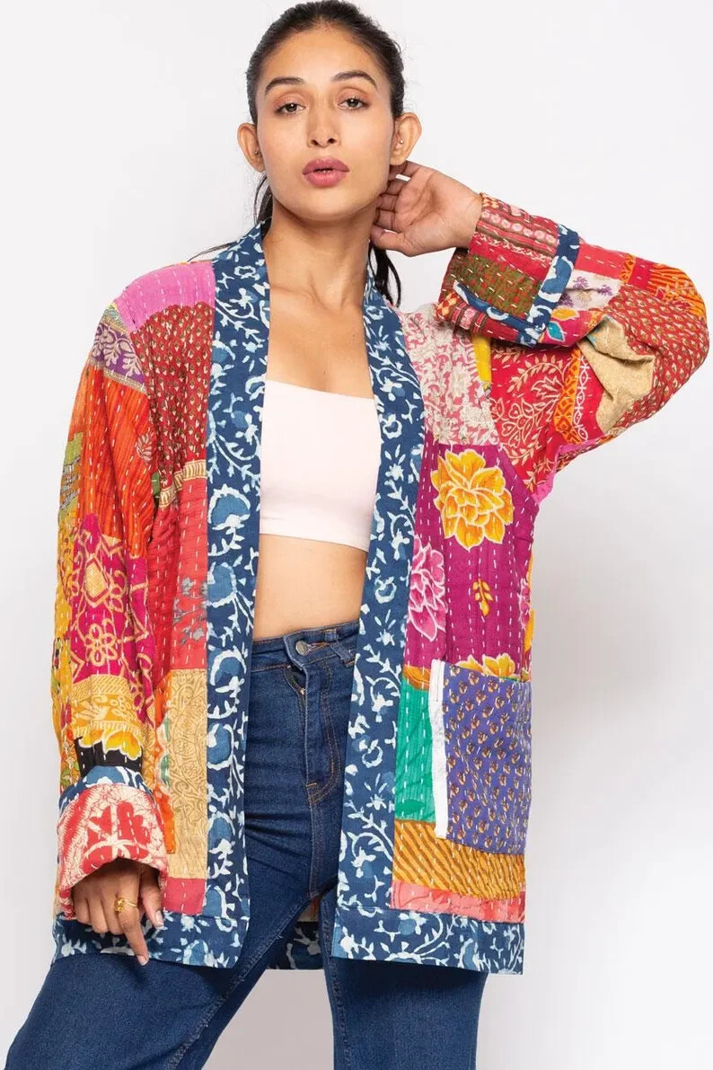 Handmade Patchwork Kantha Quilted Jacket short kimono jacket Winter Windbreaker image 4