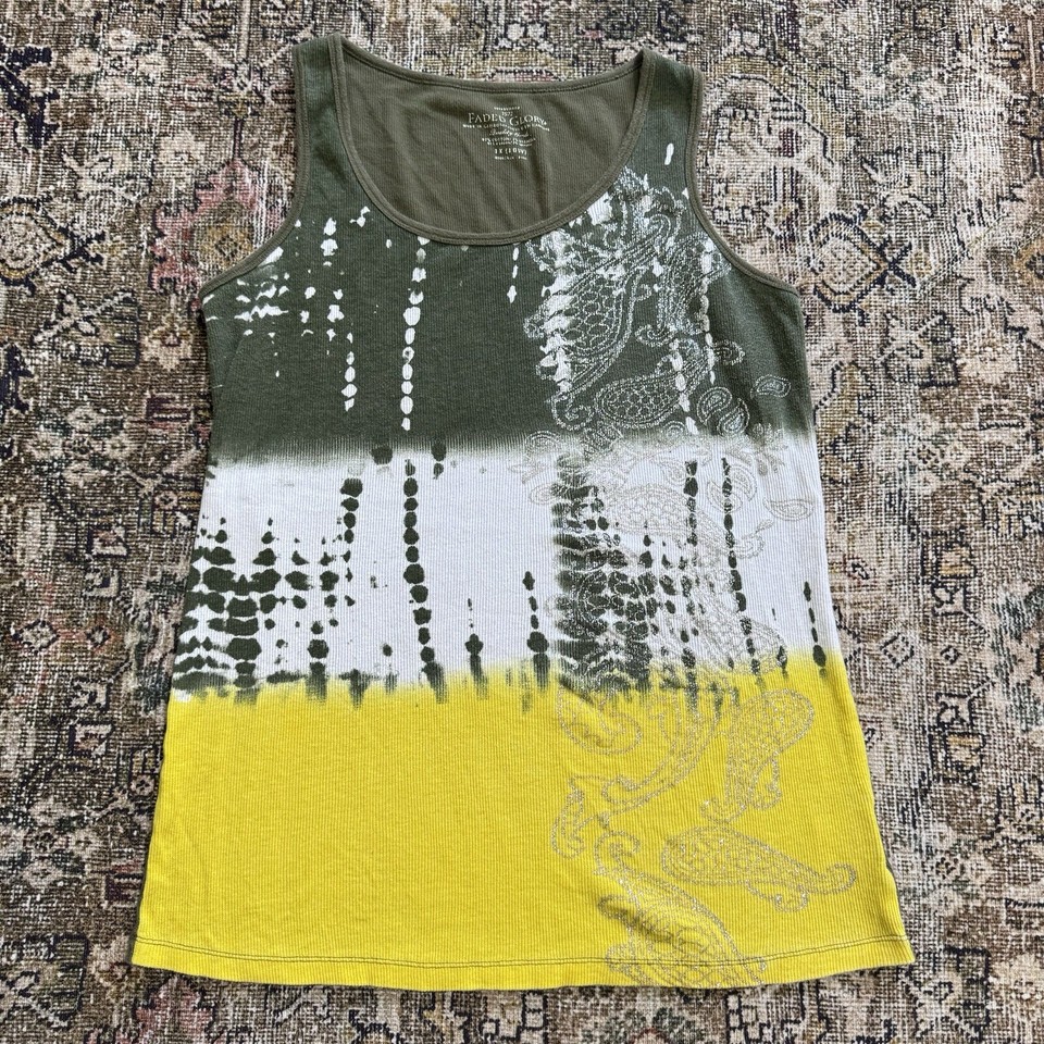 vintage Faded Glory Tank Top 1X Army Green Ombre Dye glitter grunge