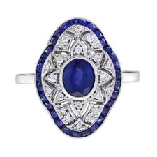 Art Deco Style Lab Created Diamond Blue Sapphire Wedding Ring 14K White Gold FN