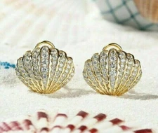 Womens Gift Shell Hoop Earrings 2.12Ct Simulated Diamond 925 Silver Gold Finish
