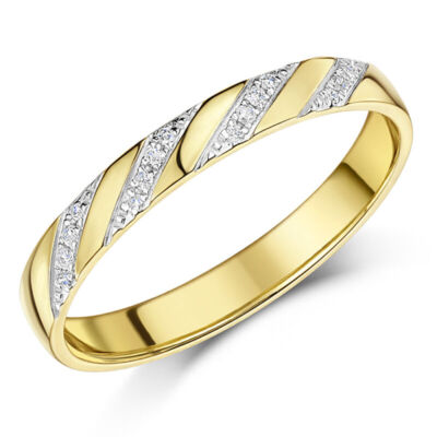 Ehering 3 mm 9 kt Gelbgold 0,08 kt Diamant diagonal besetzt Ring UK punziert