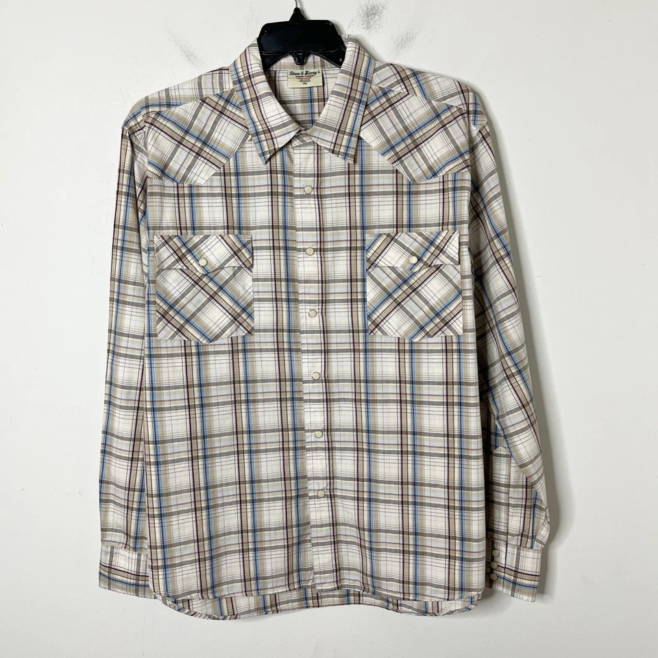 Camisa de hombre Steve & Barry's Western abotonada XL beige y azul a cuadros 100 % algodón Foto 2 de 4