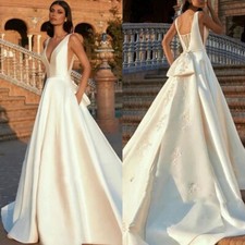 Simple A-Line Wedding Dresses Deep V-Neck Sleeveless Satin Applique Bridal Gowns