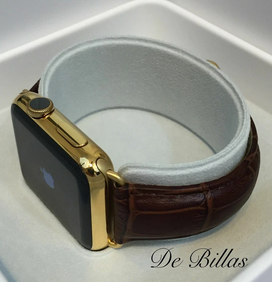 24K Gold Plated 42MM Apple Watch SERIES 2 Crocodile Brown Leather Gold Buckle - Image 3 of 4
