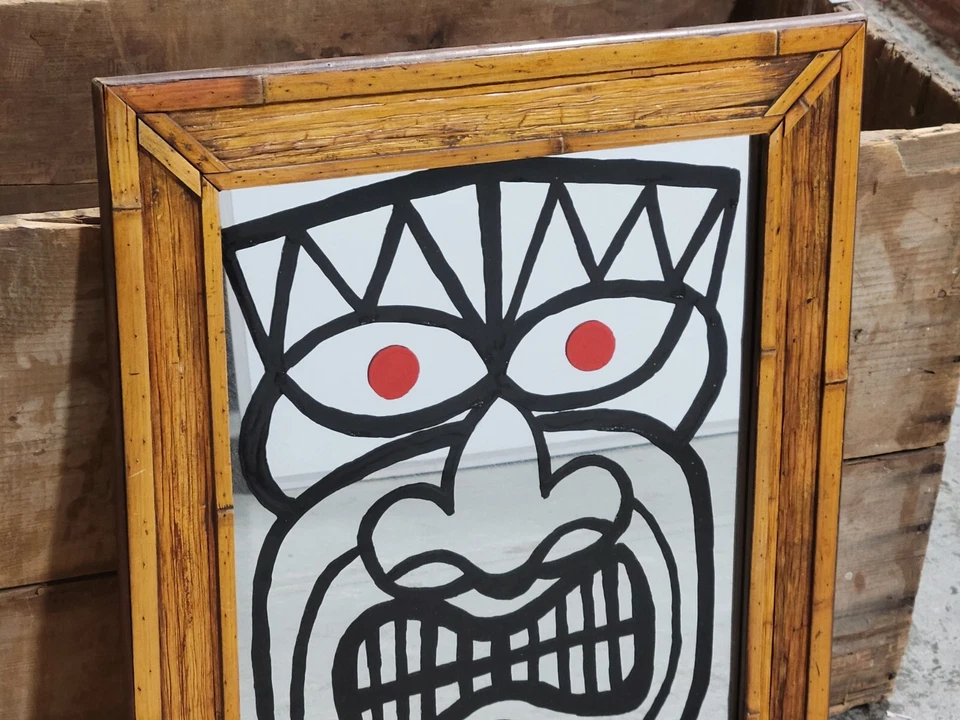 Vintage Tiki Bamboo Mirror One Of Kind Hand Painted Angry Face Bar Art 21"x25"  - Image 2 of 4