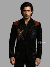 Tailored Black Suit With Pearl-Studded Lapel And Gold Fringe Shoulder Detailing