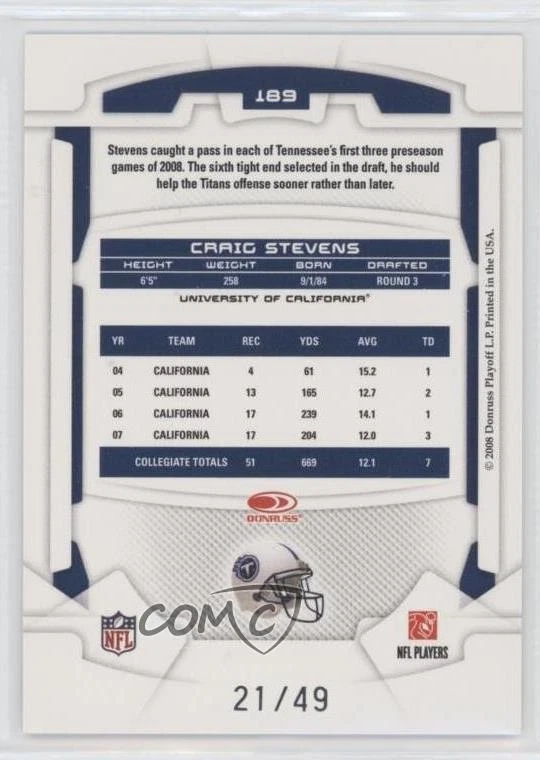 2008 Leaf Rookies & Stars Longevity Rookie Emerald /49 Craig Stevens #189 RC - Image 2 of 2