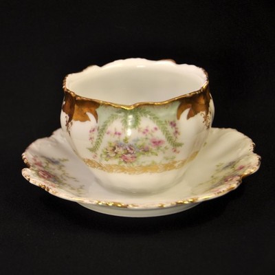 Limoges Coiffe LS&S Sauce Mayo Condiment Bowl Attached Underplate 1891-1914 Gold