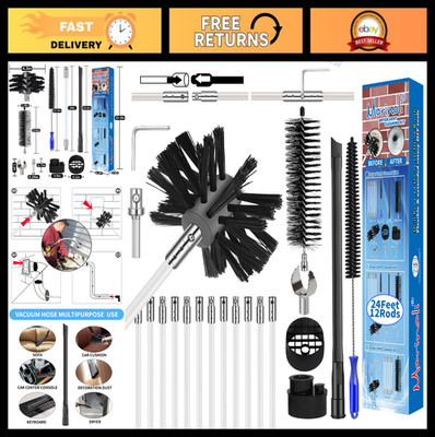 24ft Dryer Vent Cleaning Kit - Chrome Lock, Vacuum Attachment, Nozzle & Hose
