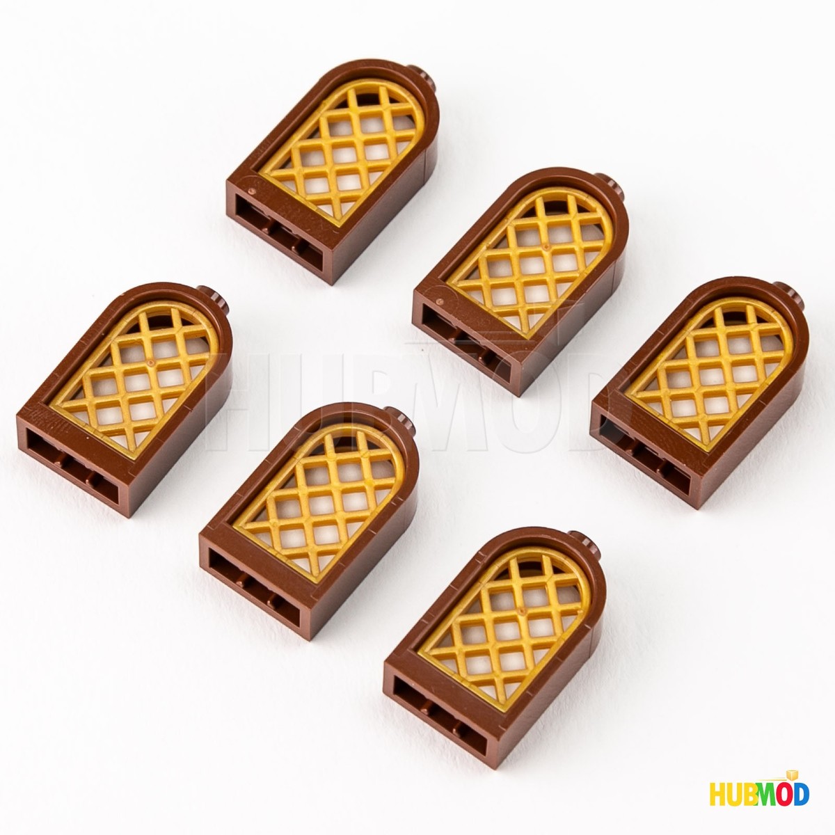 Lot of 6 LEGO Brown Window 1x2x2 2/3 30044 Rounded Top Gold Pane