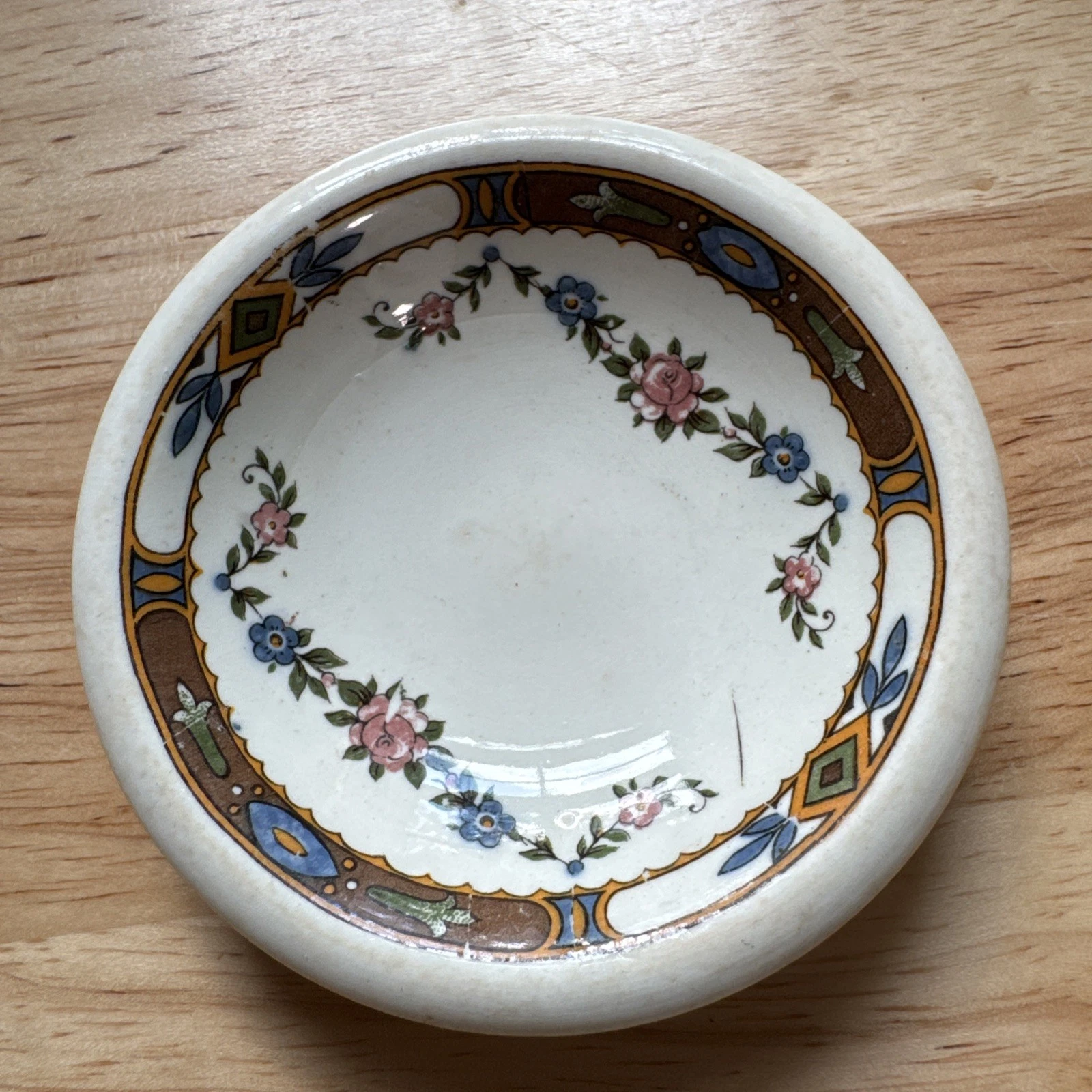 Antique Chunky Beige Ironstone Butter Pat 3” Farmhouse Old & Stained