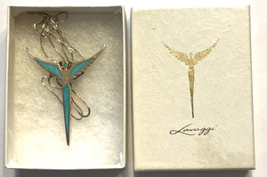 Lavaggii Turqoise Sterling Guardian Angel 2” Pin/Pendant 20” Chain &Original Box