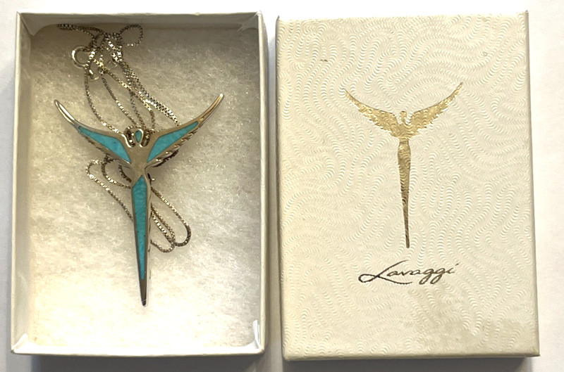 Lavaggii Turqoise Sterling Guardian Angel 2” Pin/Pendant 20” Chain &Original Box