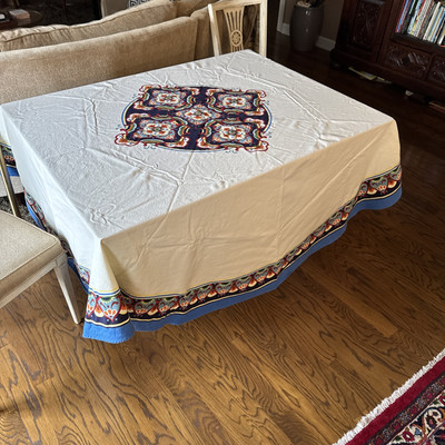 Zina Vasi 90  Round Blue and Cream Cotton Tablecloth 