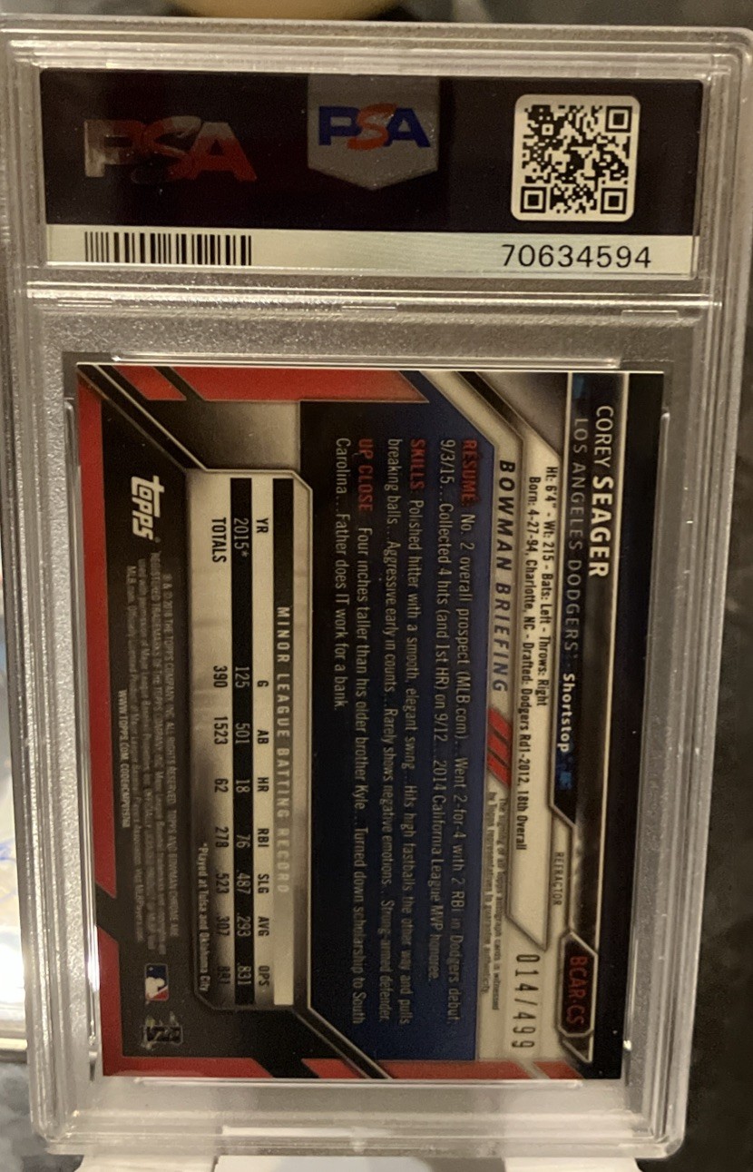 2016 Bowman Chrome COREY SEAGER  RC Rookie Auto Refractor /499 PSA 10 Gem Mint view 2