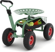 Rolling Garden Cart with Seat and Wheels Extendable Steer Handle Green