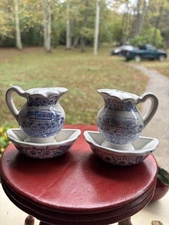 Vintage Salt and Pepper Shakers Pitcher and Water Basin Blue/ White