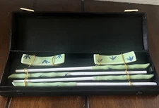 Two Pairs of Traditional Chinese Chopsticks, Made Of Porcelain, Green Silk Box