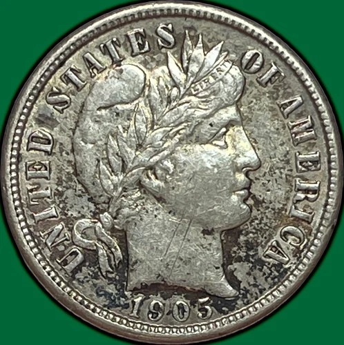 1905 Barber Dime Silver Almost Uncirculated AU Coin, Cleaning #32365
