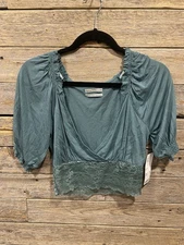 Urban Outfitters Women’s Green Ruffle Sheer Lace Plunge Neck Top Teal Size M
